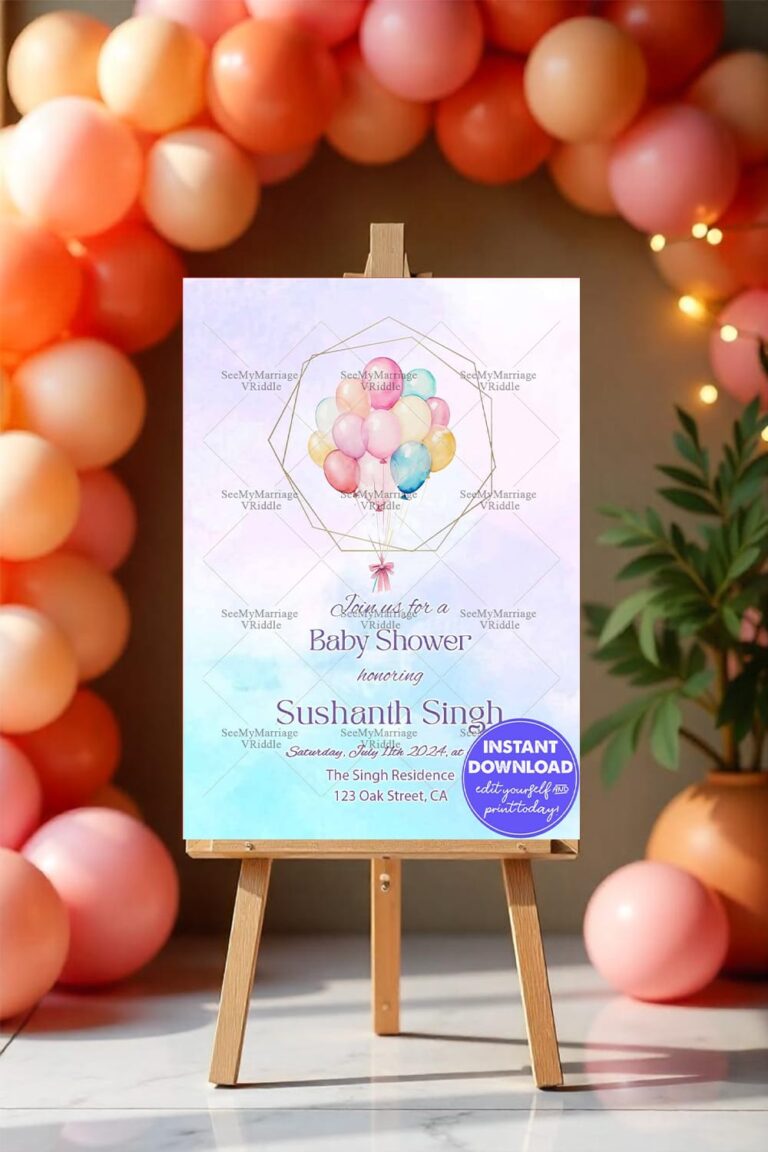 Pastel Balloons Baby Shower Invitation Elegant Geometric Frame Design