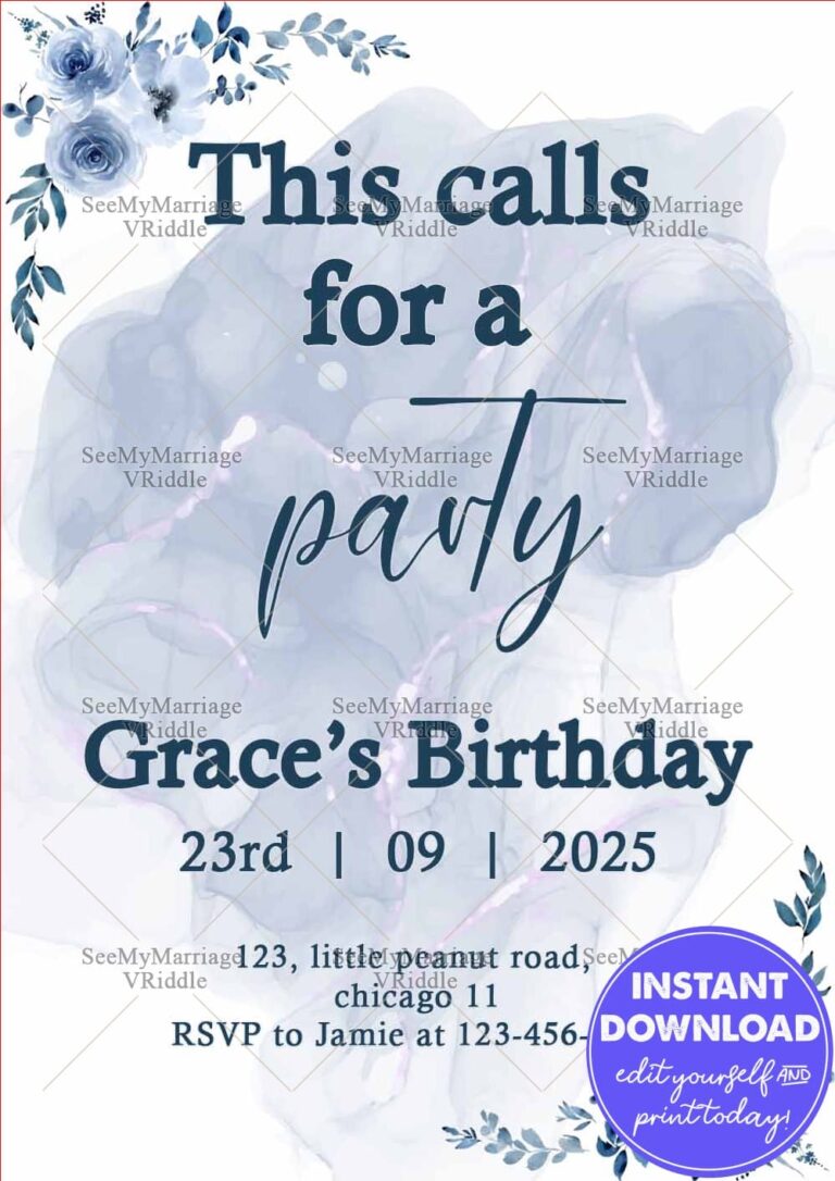 Pastel Blue Birthday Invitation with Minimalist Blue Roses Design and Watercolour Background