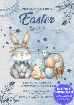 Pastel Blue Easter Egg Hunt Invitation with Cute Bunny, Eggs and Stars Design