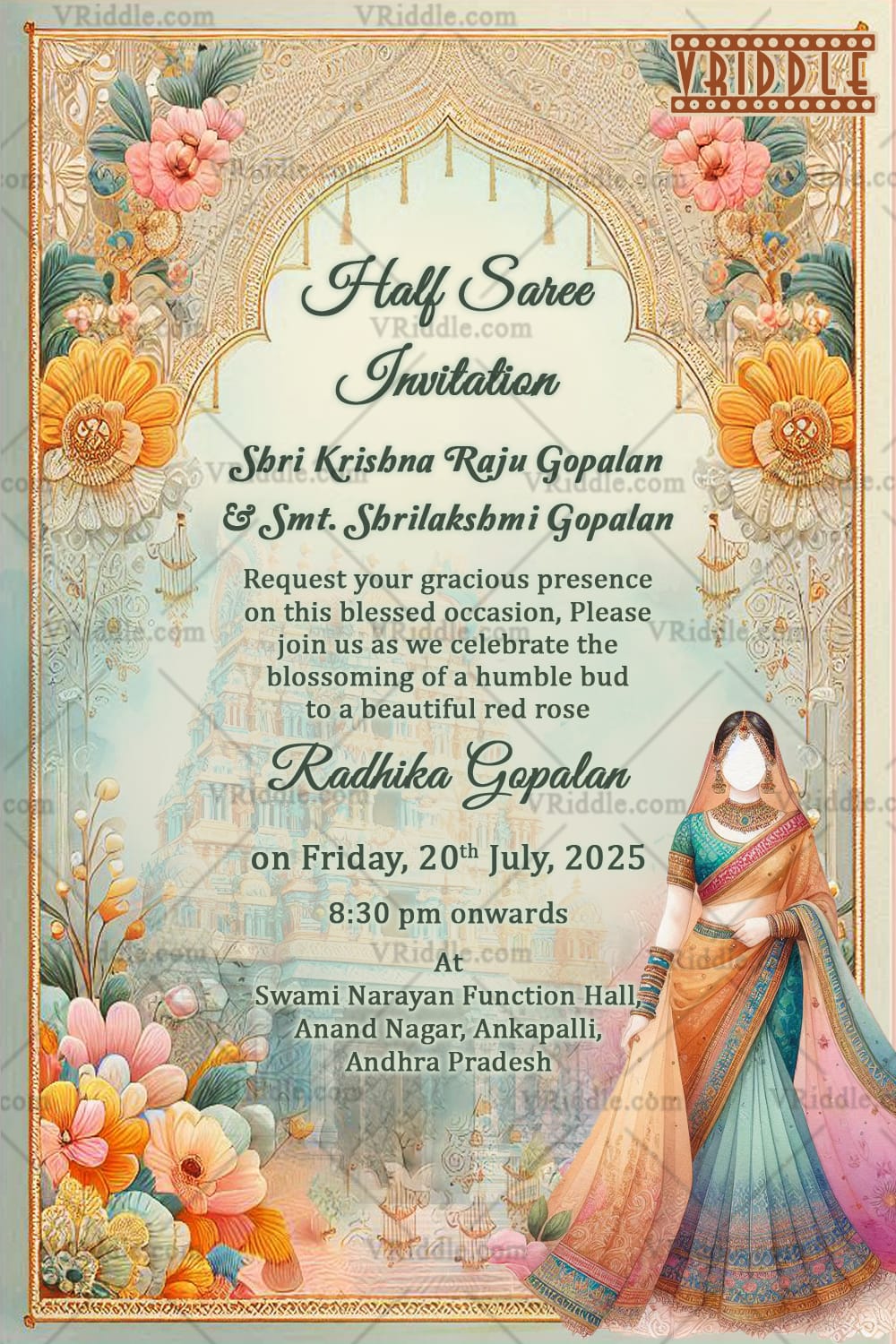 Pastel Elegance Half Saree Invitation Card