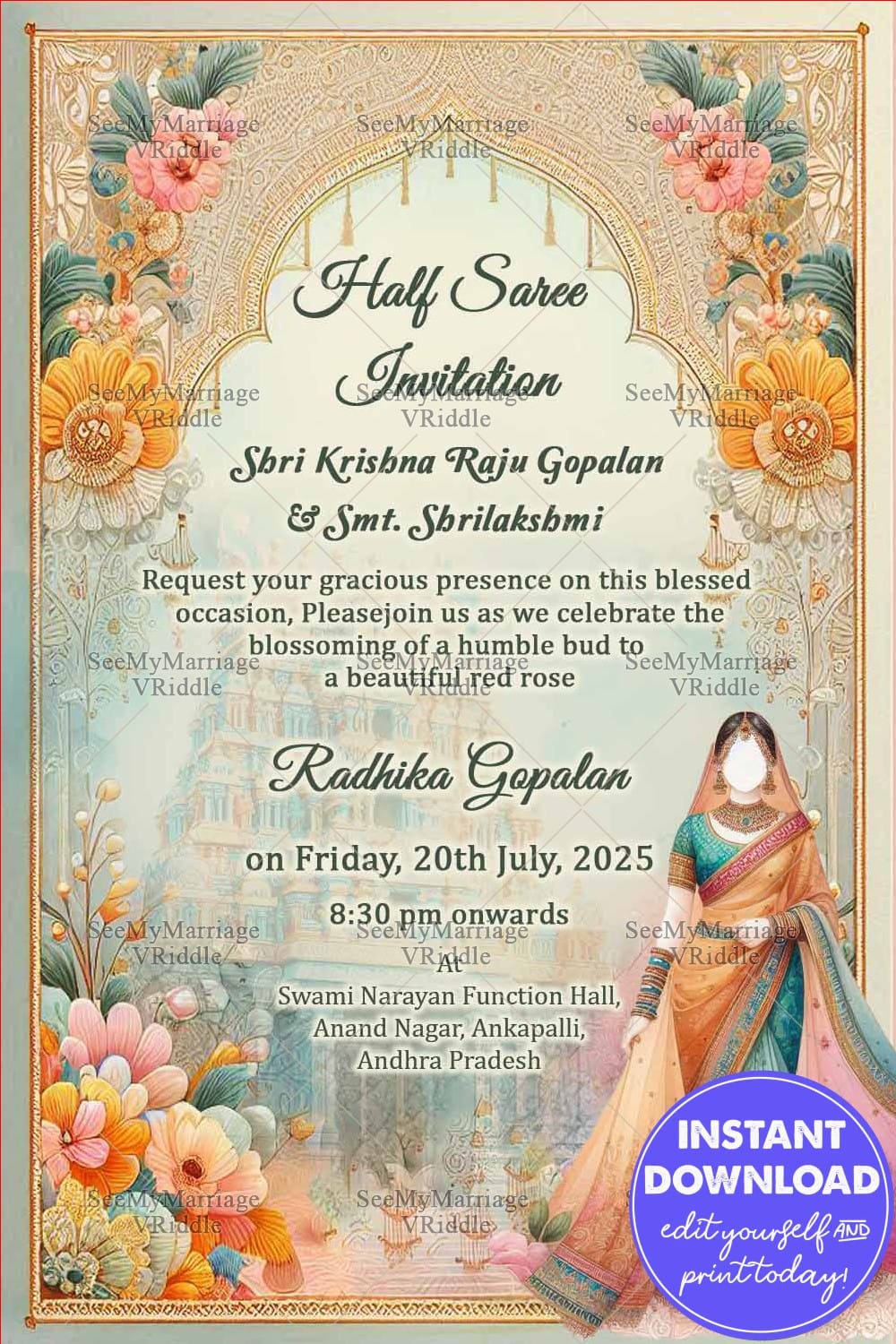 Pastel Elegance Half Saree Invitation Card