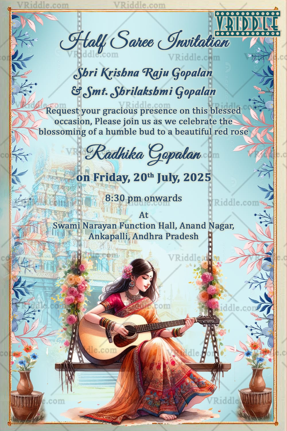 Pastel Floral Half-Saree Invitation with Temple Backdrop