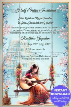 Pastel Floral Half-Saree Invitation with Temple Backdrop