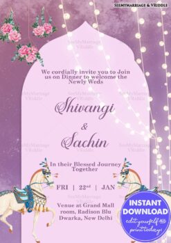 Pastel Lavender Dinner Invitation for Newlyweds with Floral Decor and Royal Horse Illustrations