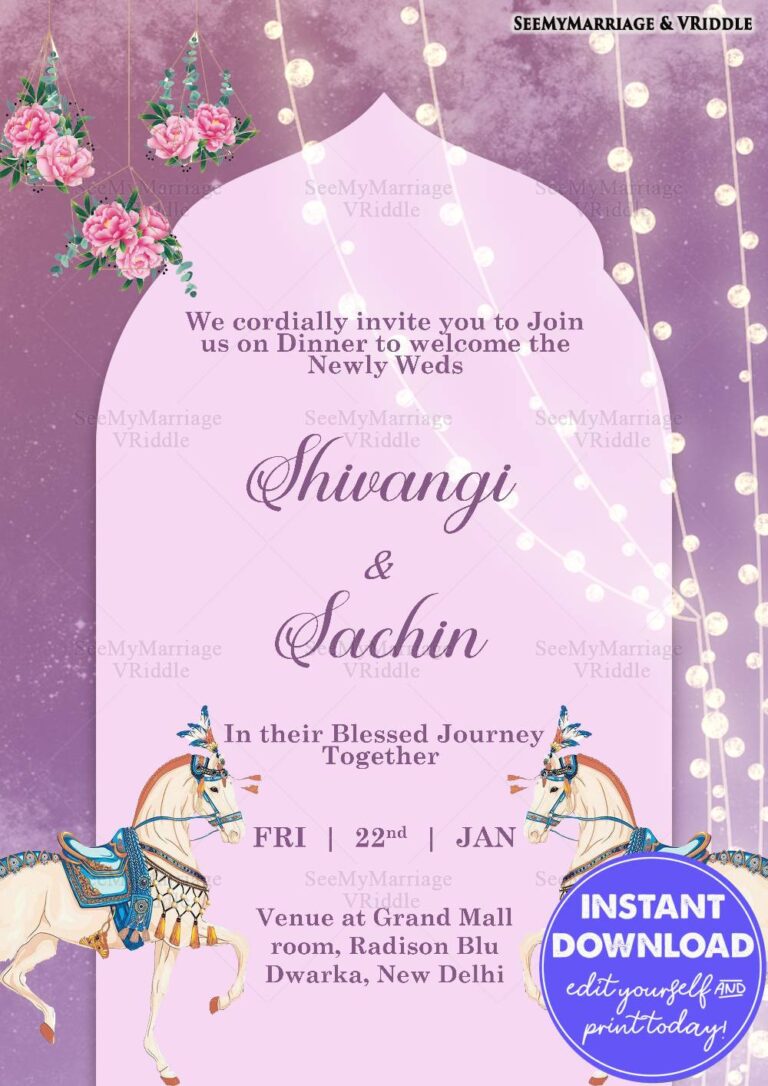 Pastel Lavender Dinner Invitation for Newlyweds with Floral Decor and Royal Horse Illustrations
