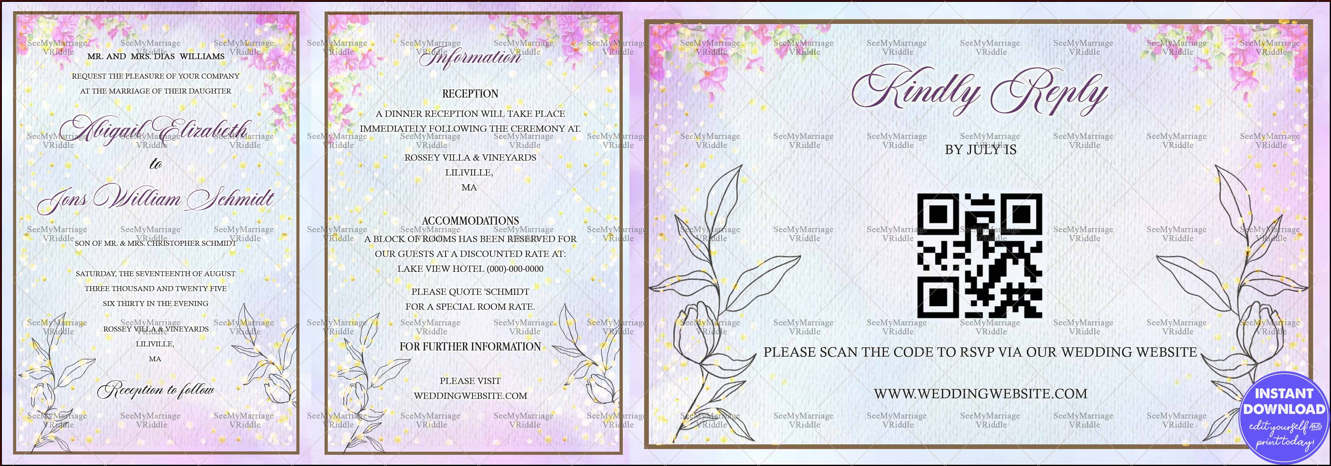 Pastel Lavender Gradient Wedding Invitation Suite with Elegant Floral Illustrations, Information and RSVP