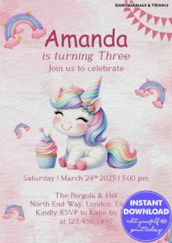 Pastel Pink 3rd Birthday Invitation in Unicorn Theme with Adorable Rainbow Illustrations