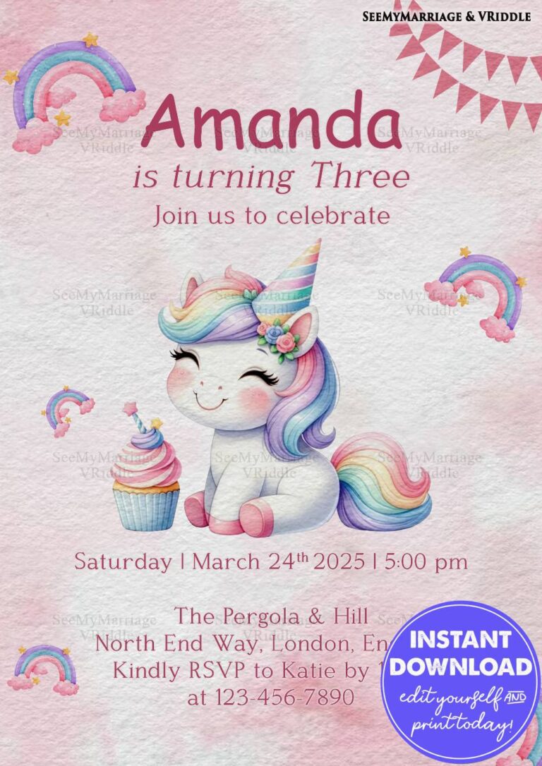 Pastel Pink 3rd Birthday Invitation in Unicorn Theme with Adorable Rainbow Illustrations