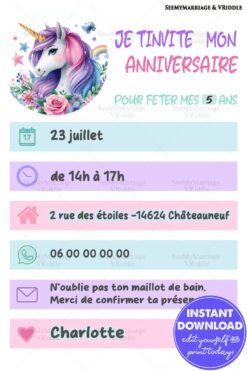 French Pastel Unicorn-Themed 5th Birthday Party Invitation in Address Book Format for a Magical Celebration