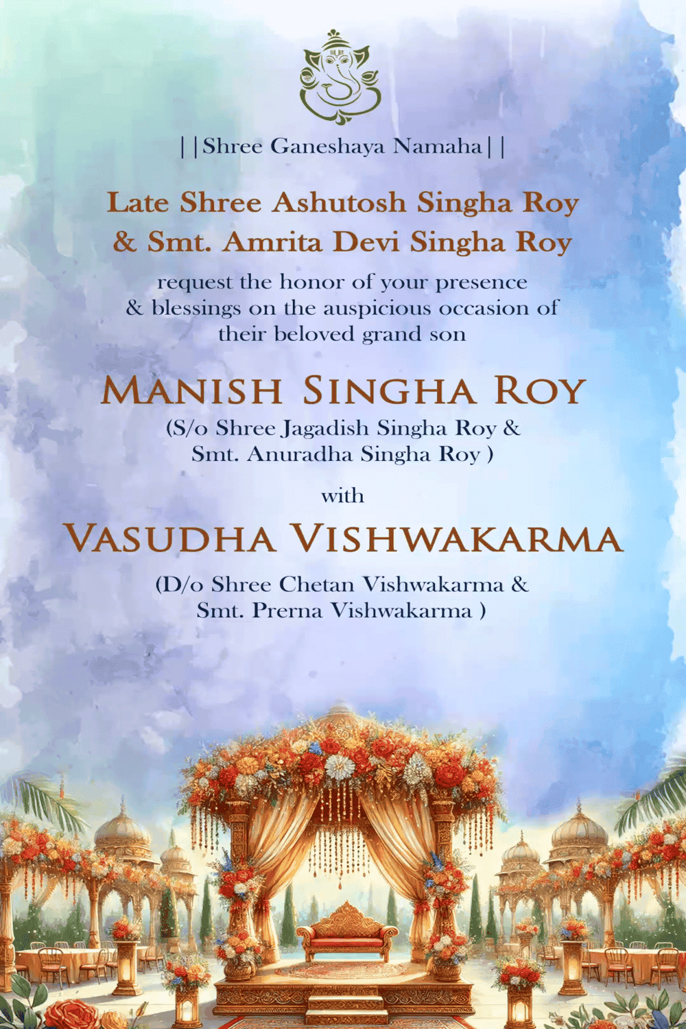 Pastel Watercolor Cartoon theme Wedding Invitation video with Ornate Floral Mandap