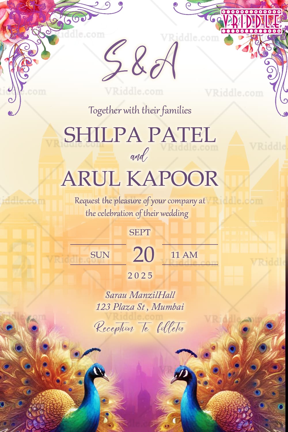 Peacock Elegance Wedding Invitation with Floral Accents