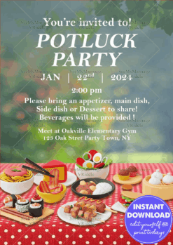 Picnic-Themed Potluck Party Invitation with Lush Green Background and 3D Food Spread Illustrations