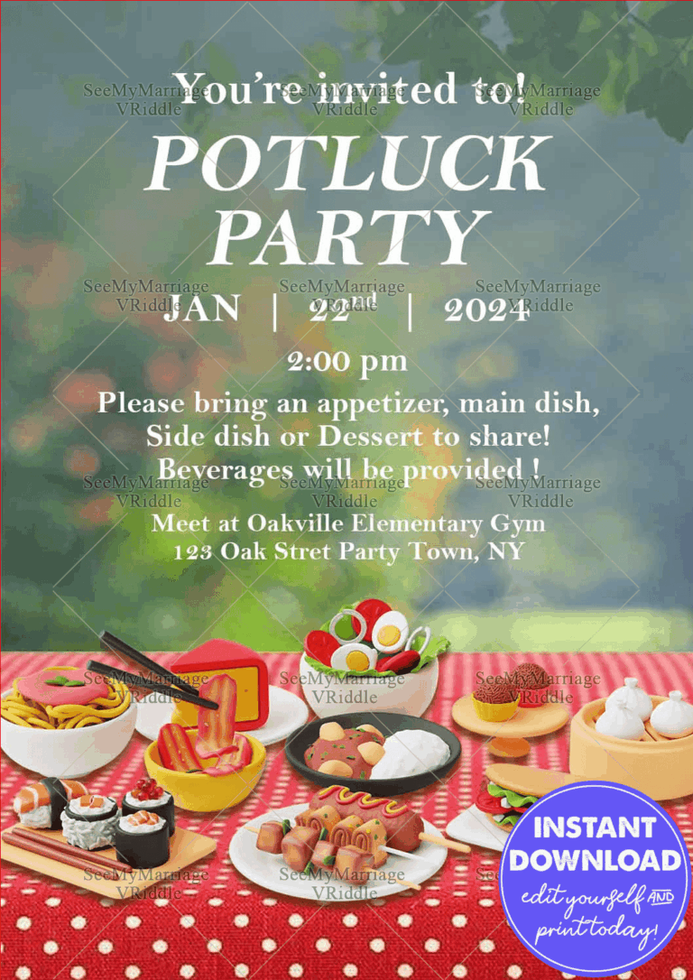 Picnic-Themed Potluck Party Invitation with Lush Green Background and 3D Food Spread Illustrations