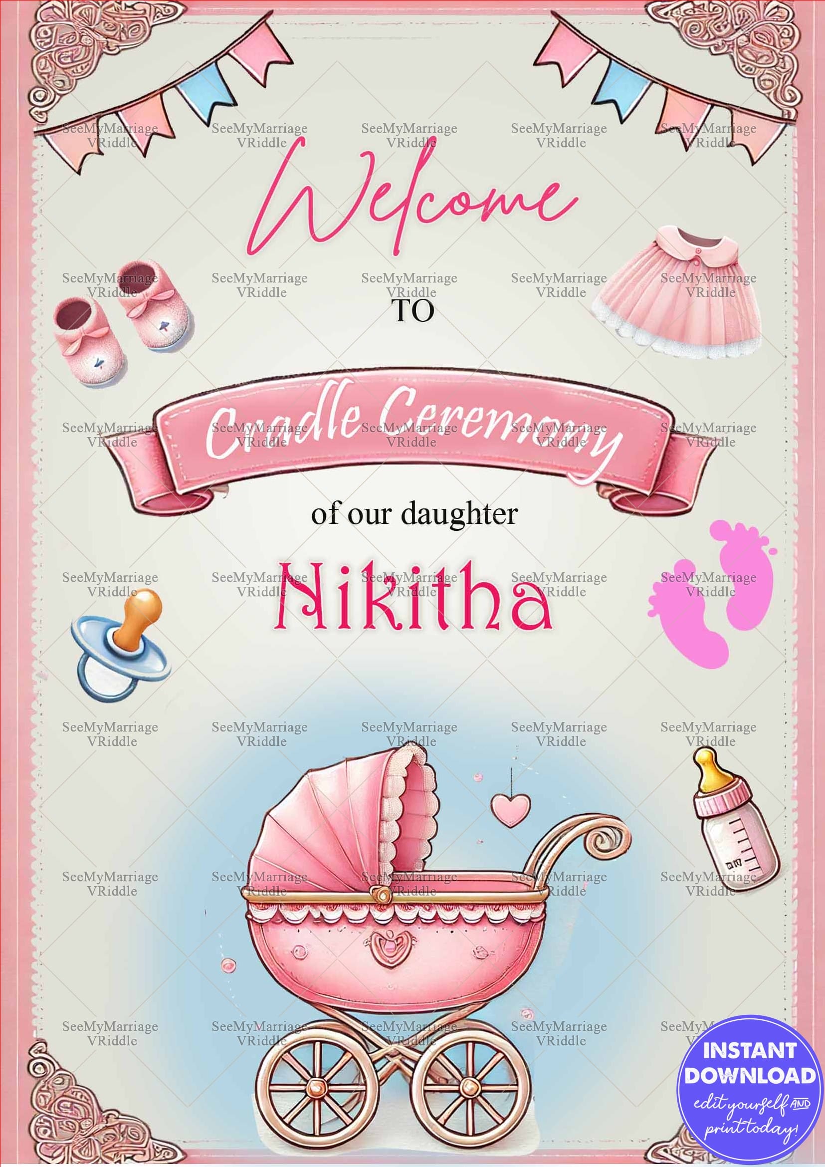 Pink Cradle Ceremony Invitation with Baby Girl Theme