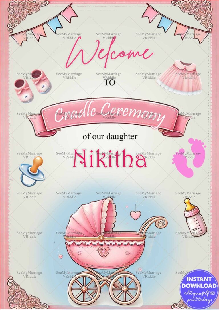 Pink Cradle Ceremony Invitation with Baby Girl Theme