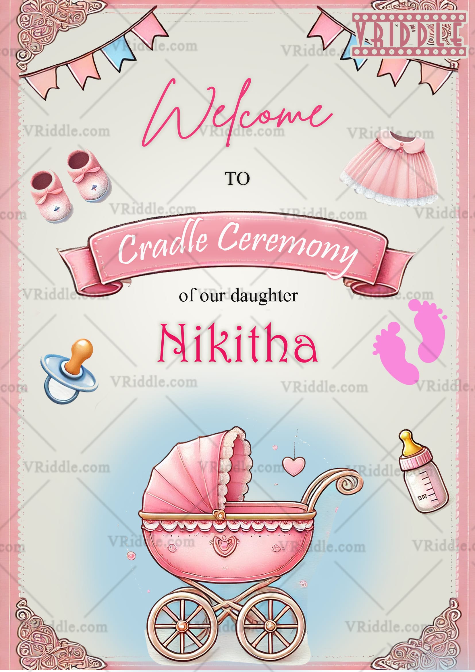 Pink Cradle Ceremony Invitation with Baby Girl Theme