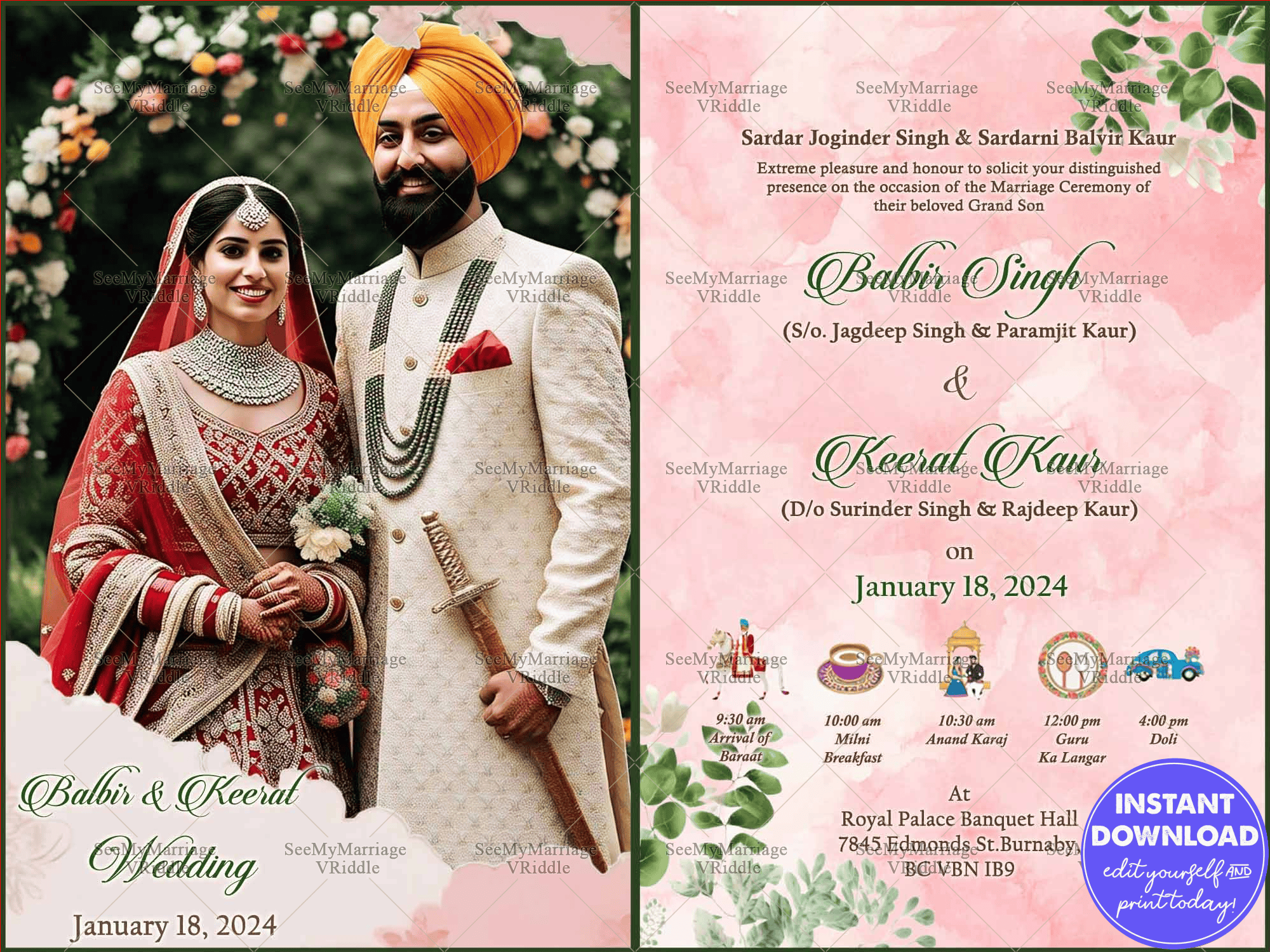 Pink Floral Indian Wedding Invitation with Image Panel and Event Itinerary