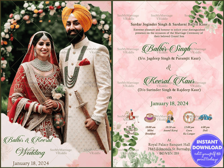 Pink Floral Indian Wedding Invitation with Image Panel and Event Itinerary