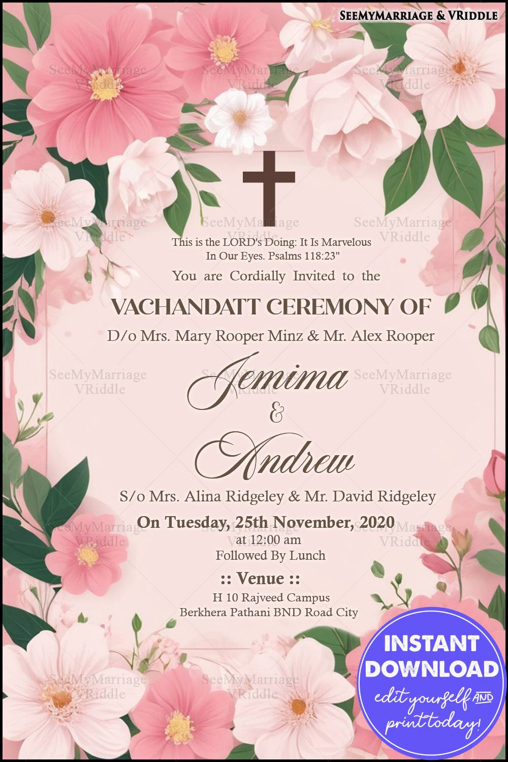 Pink Floral Vachandatt Ceremony Invitation with Cross Motif and Green Leaf Accents