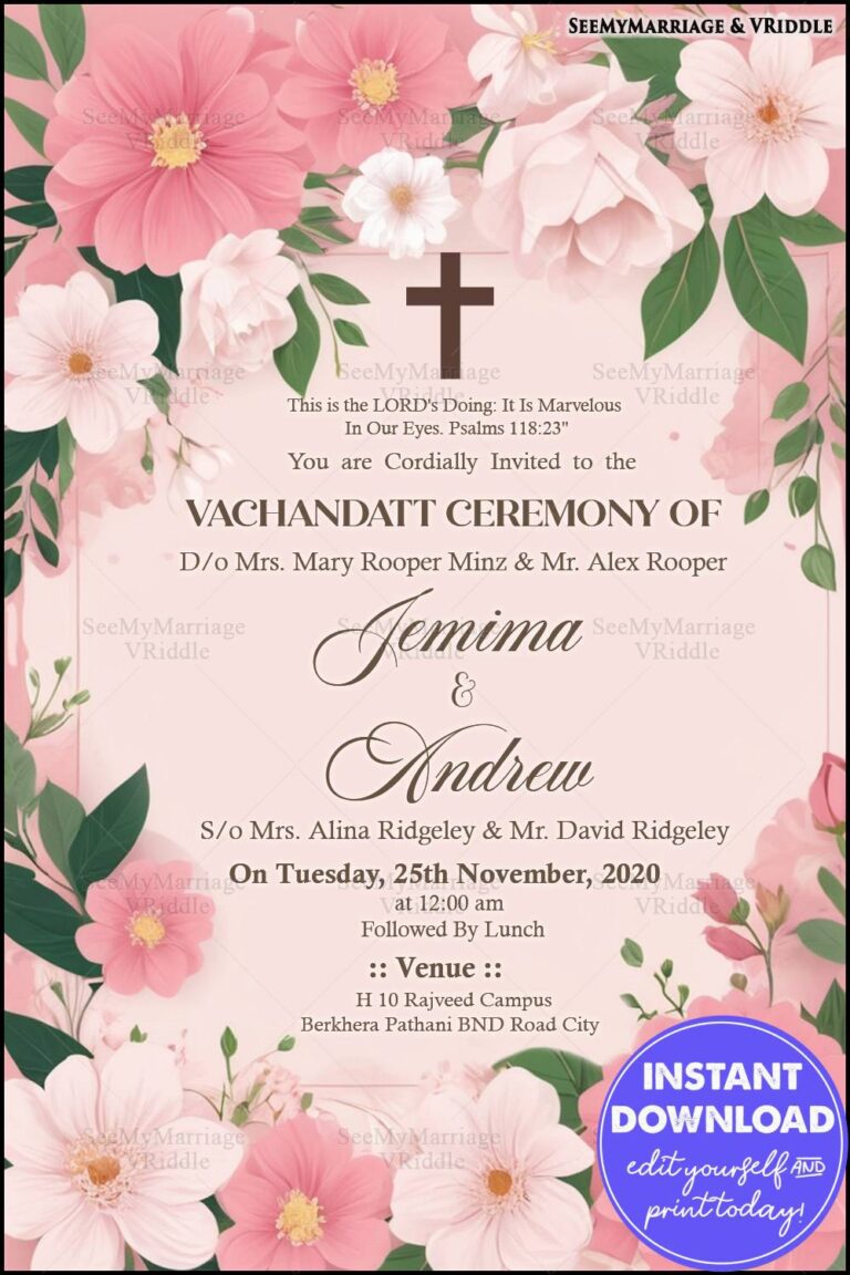 Pink Floral Vachandatt Ceremony Invitation with Cross Motif and Green Leaf Accents