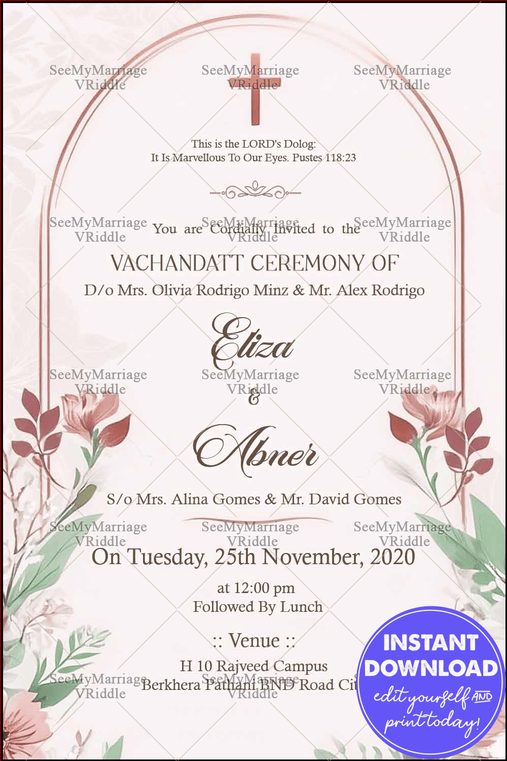 Pink Floral Vachandatt Ceremony Invitation with a Centerpiece Cross and Verse