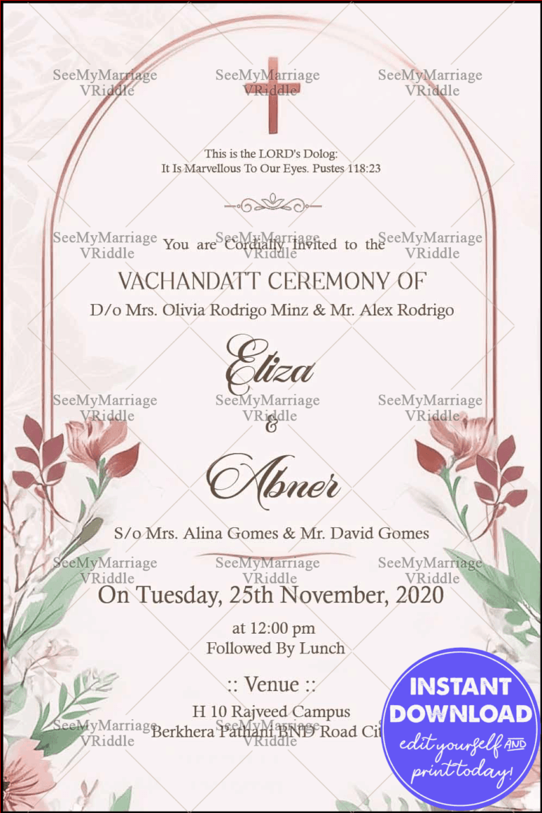 Pink Floral Vachandatt Ceremony Invitation with a Centerpiece Cross and Verse