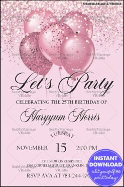 Pink Glitter Birthday Invitation with Confetti Balloons for a 25th Birthday Celebration