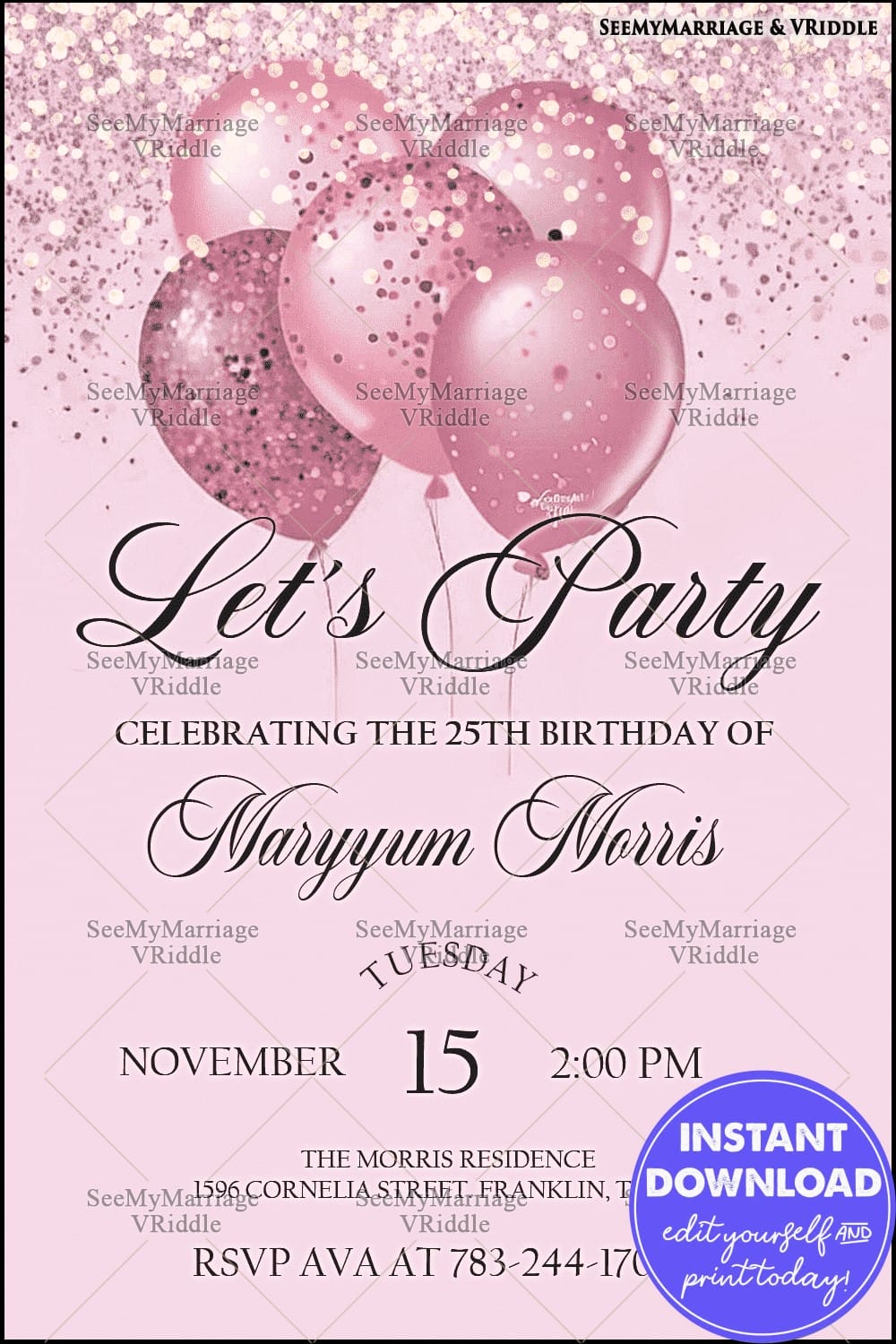 Pink Glitter Birthday Invitation with Confetti Balloons for a 25th Birthday Celebration