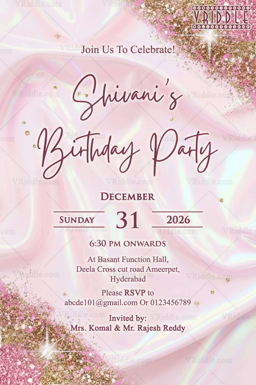 Pink Satin Birthday Invitation with Golden Glitter Accents