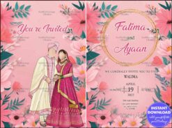 Pink-Themed Walima Invitation with Couple Illustration, Vibrant Floral Frame and Elegant Gold Circular Motif