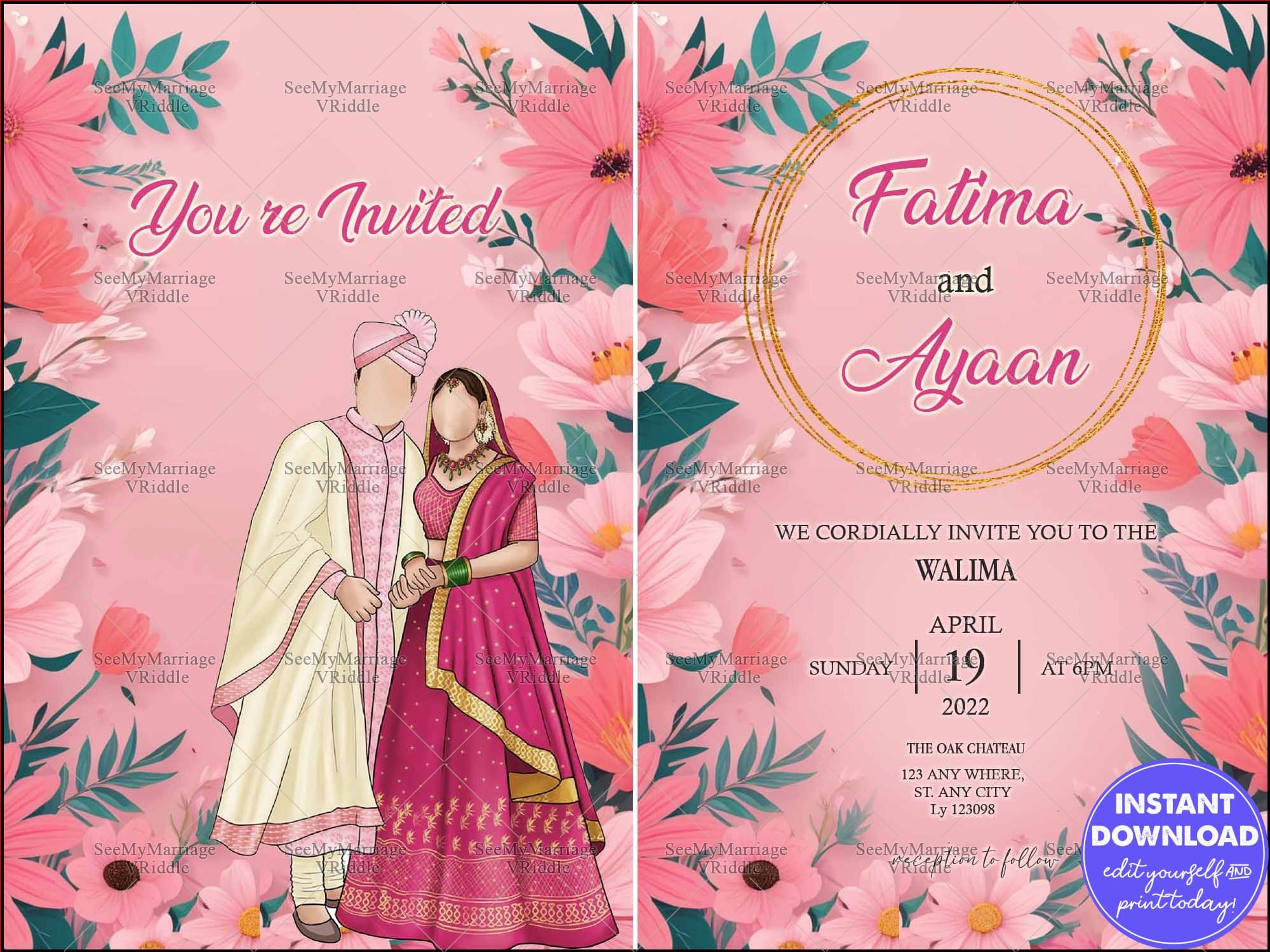 Pink-Themed Walima Invitation with Couple Illustration, Vibrant Floral Frame and Elegant Gold Circular Motif
