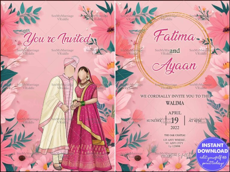 Pink-Themed Walima Invitation with Couple Illustration, Vibrant Floral Frame and Elegant Gold Circular Motif