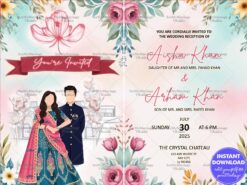 Pink Themed Wedding Reception Invitation with Floral Motifs and Indian Couple Illustration