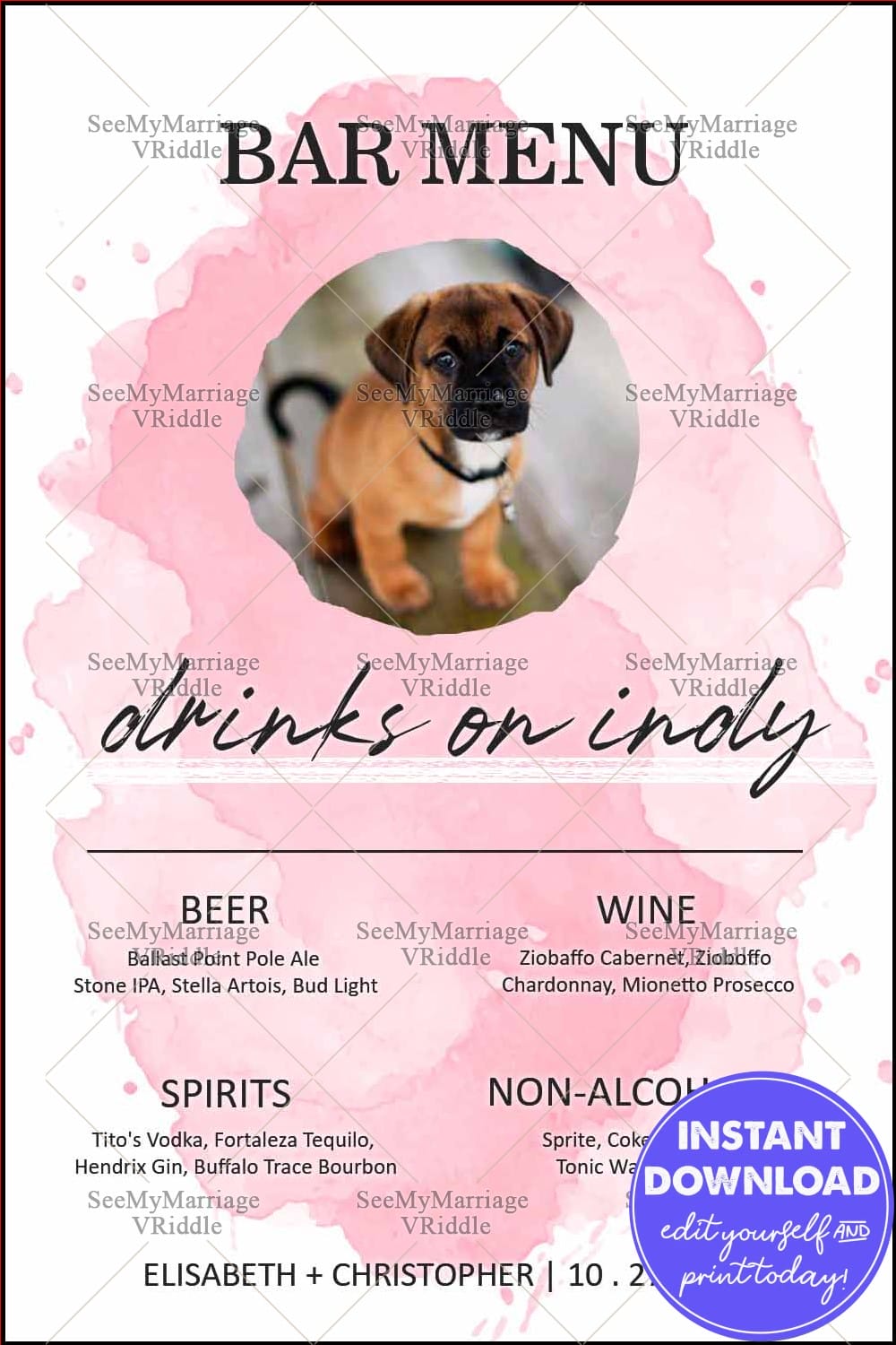 Pink Watercolor Bar Menu Featuring Puppy Image with Drinks Selection for Beer, Wine, and Spirits