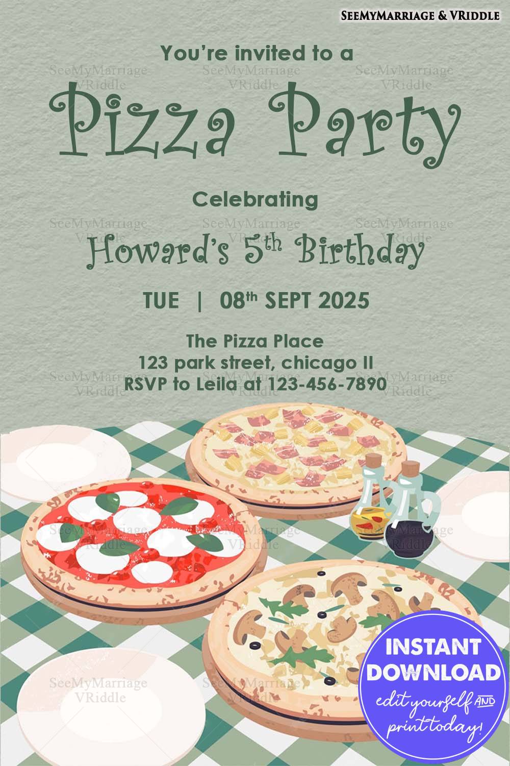 Pizza-Themed 5th Birthday Party Invitation Featuring Illustrated Pizzas and Pastel Green Background