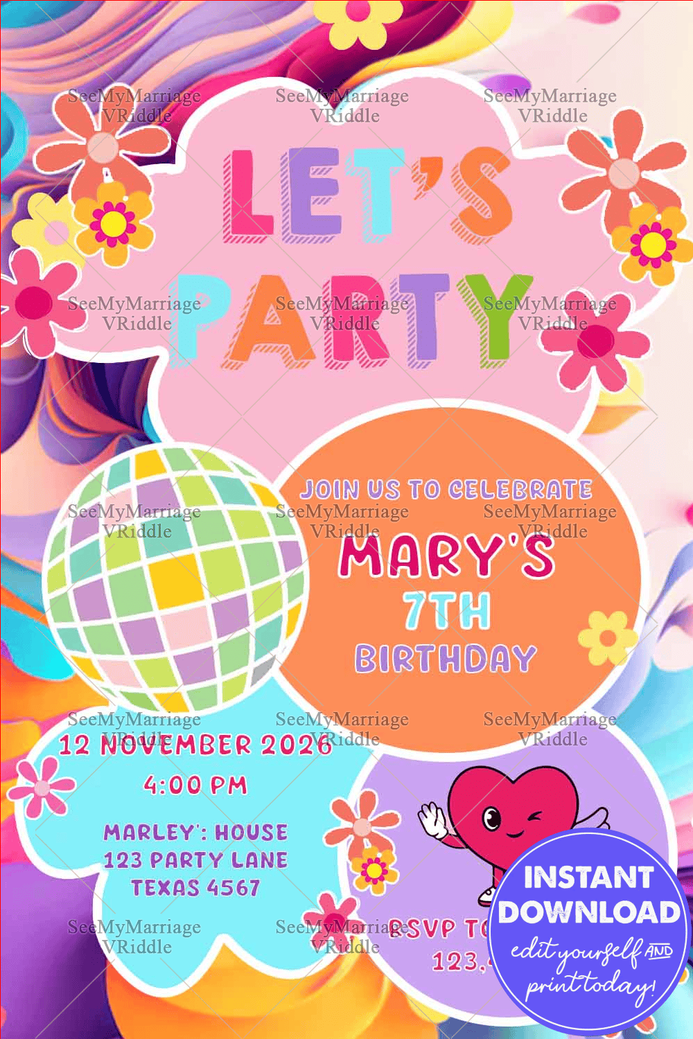 Playful Vibrant 7th Birthday Party with Colourful Floral and Shape Illustrations and Disco Ball Graphic