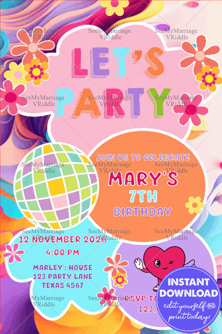 Playful Vibrant 7th Birthday Party with Colourful Floral and Shape Illustrations and Disco Ball Graphic