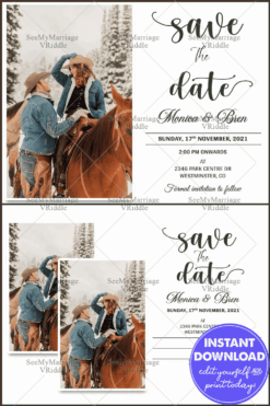 Postcard Style Save The Date Card with Minimalist Design and Couple Photos
