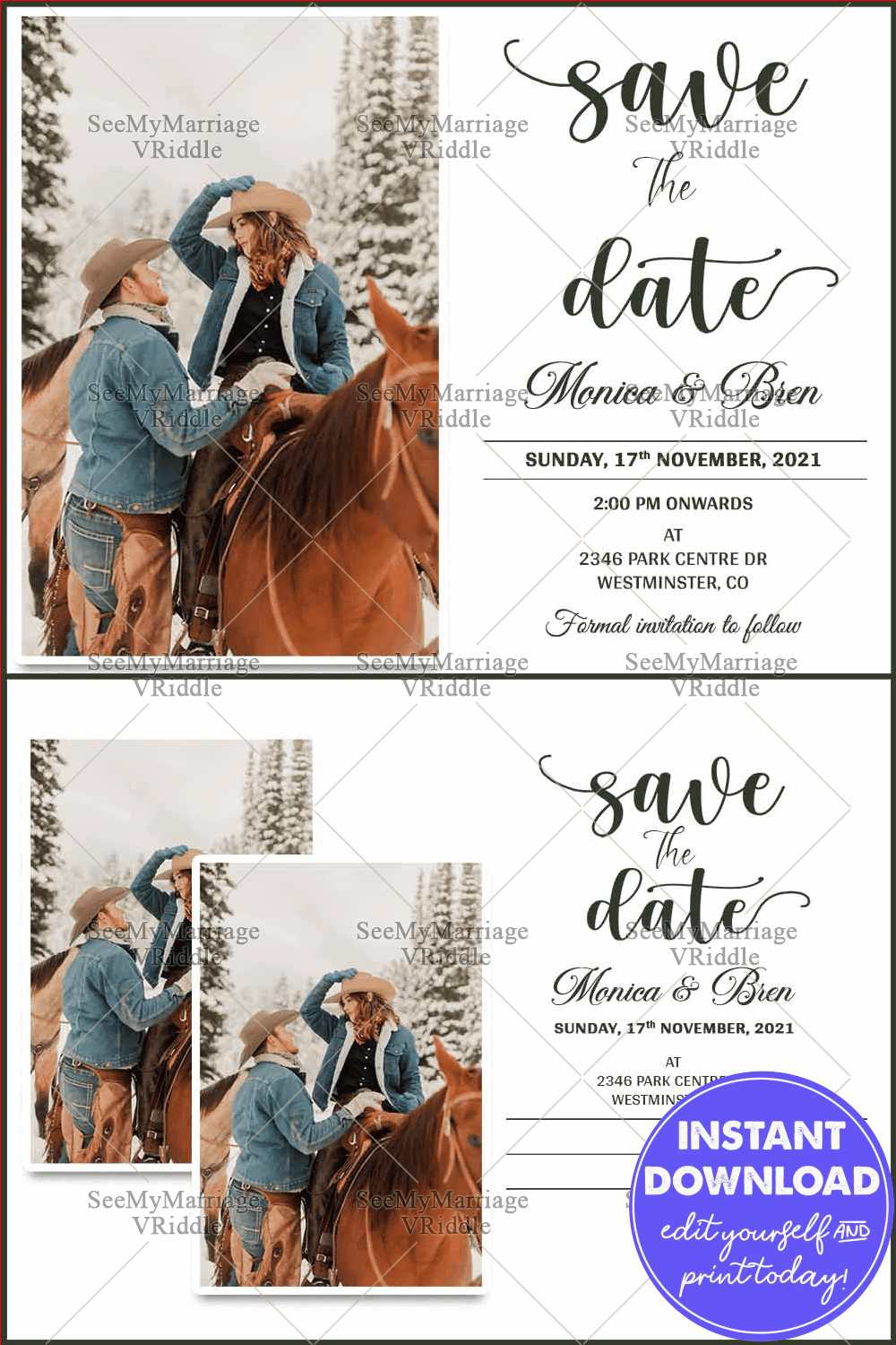 Postcard Style Save The Date Card with Minimalist Design and Couple Photos