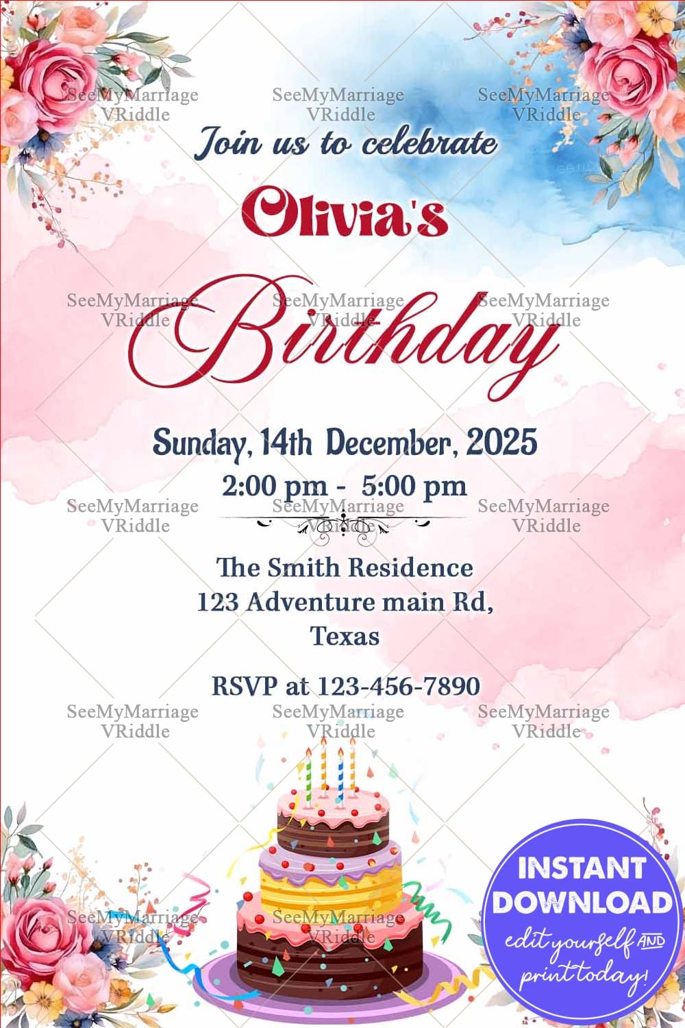 Pretty Floral Birthday Invitation with Pastel Watercolor Background and Cake Illustration