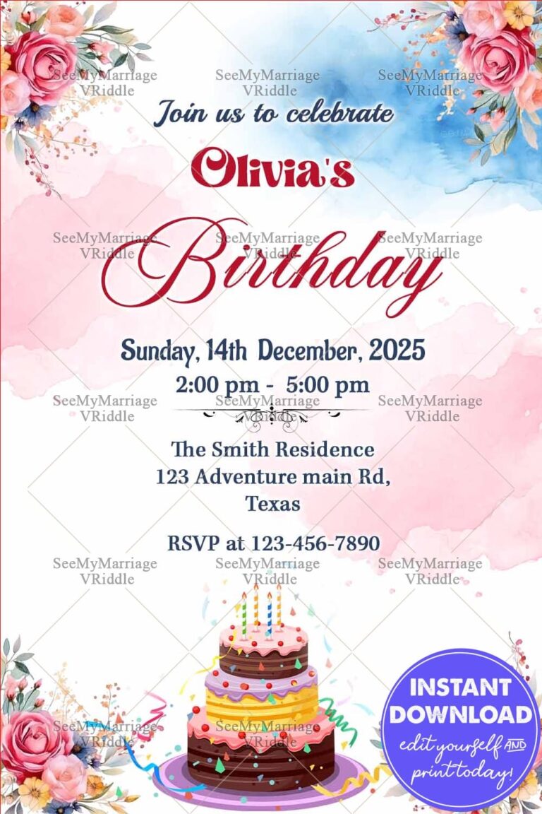 Pretty Floral Birthday Invitation with Pastel Watercolor Background and Cake Illustration