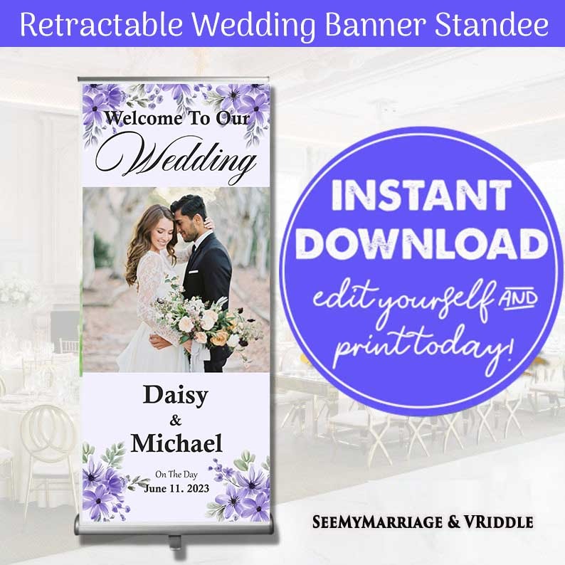 Purple Floral Wedding Retractable Welcome Banner Standee with Couple Picture