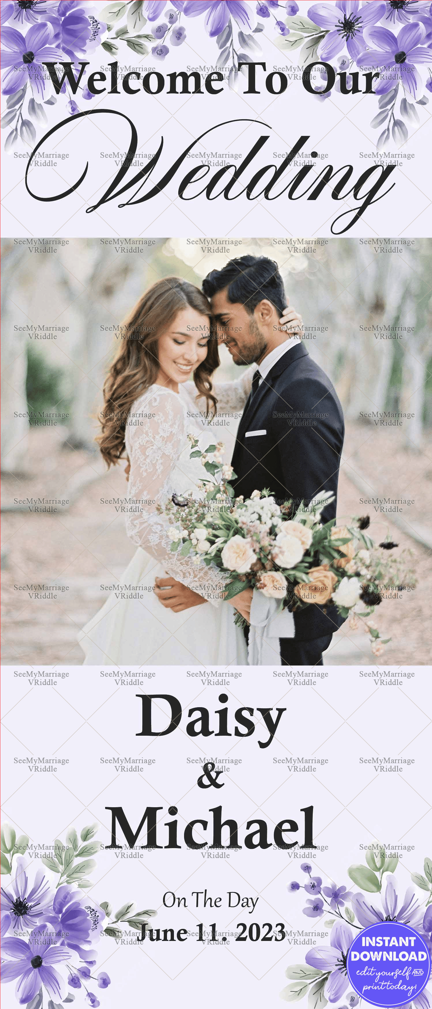 Purple Floral Wedding Retractable Welcome Banner Standee with Couple Picture