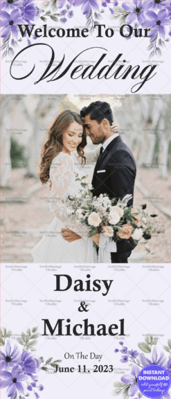 Purple Floral Wedding Retractable Welcome Banner Standee with Couple Picture