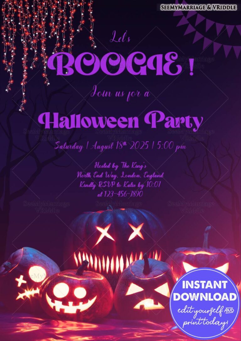 Purple Halloween Party Invitation with Glowing Jack-O'-Lanterns and Spooky Designs Decors