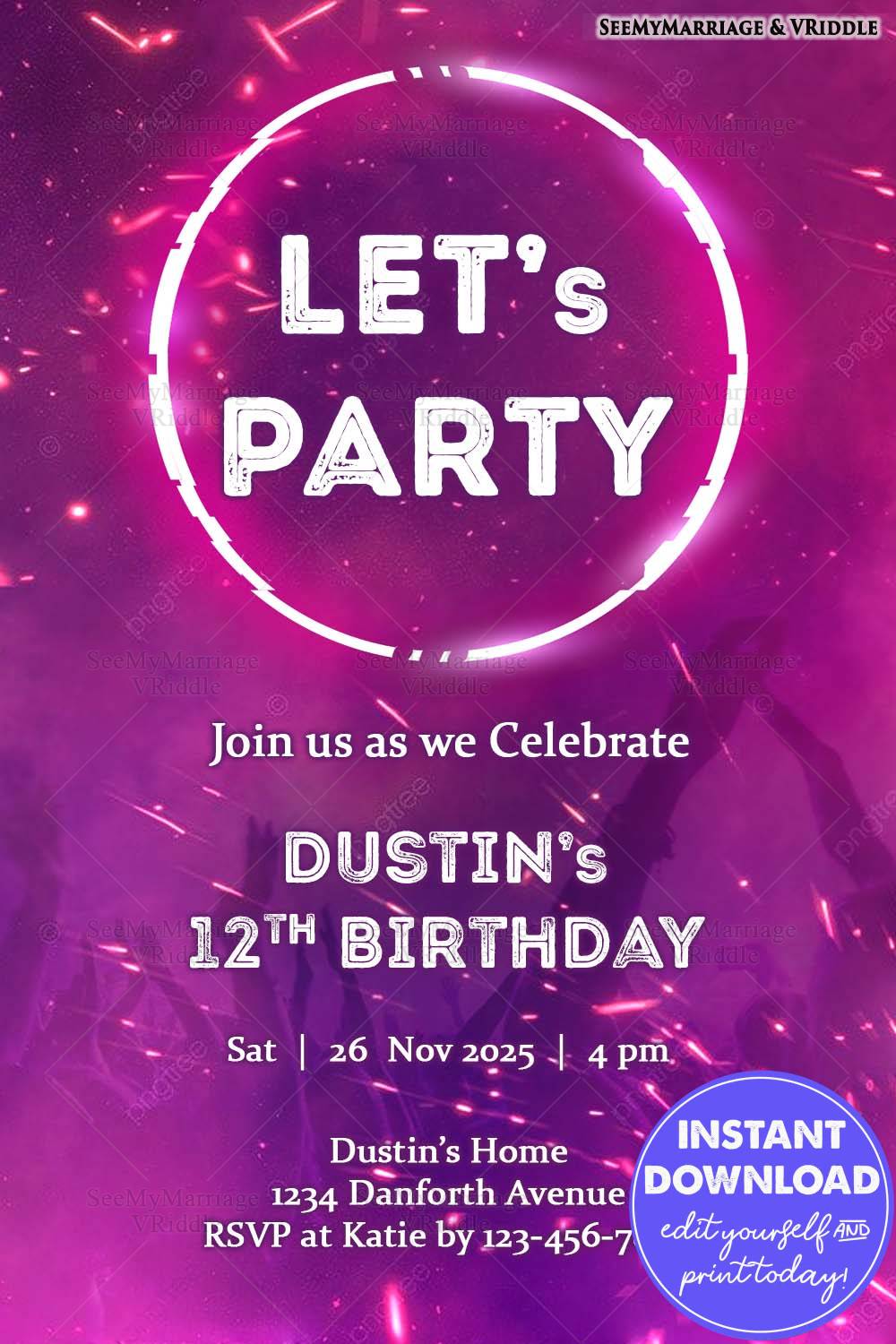 Purple Neon 12th Birthday Party Invitation with Sparkling Background Bold Typography