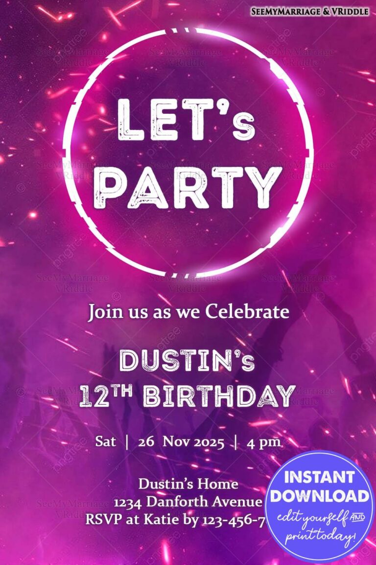 Purple Neon 12th Birthday Party Invitation with Sparkling Background Bold Typography
