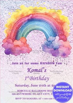 Rainbow Fun Birthday Invitation Sparkly 1st Celebration Theme