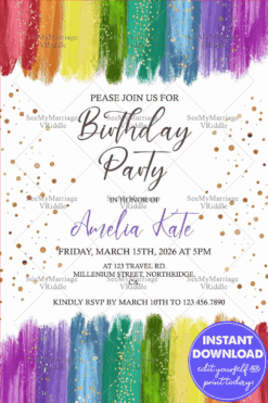 Rainbow-Themed Birthday Invitation with Vibrant Brush Strokes and Glittering Gold Overlay