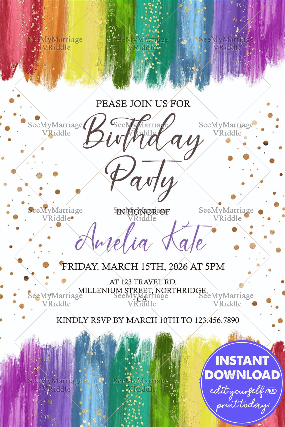Rainbow-Themed Birthday Invitation with Vibrant Brush Strokes and Glittering Gold Overlay